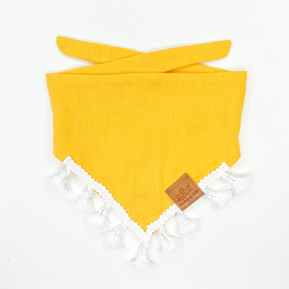 Light weight happy yellow cotton dog bandana with white fringe and leather brand tag