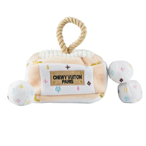 White Chewy Vuiton Interactive Trunk Burrow Dog Toy